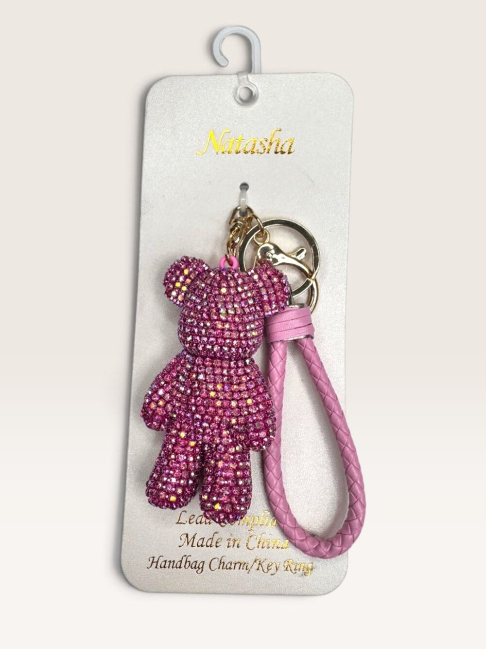 Natasha Rhinestone Teddy Bear Bag Charm Keychain New With Tags Pink Gold